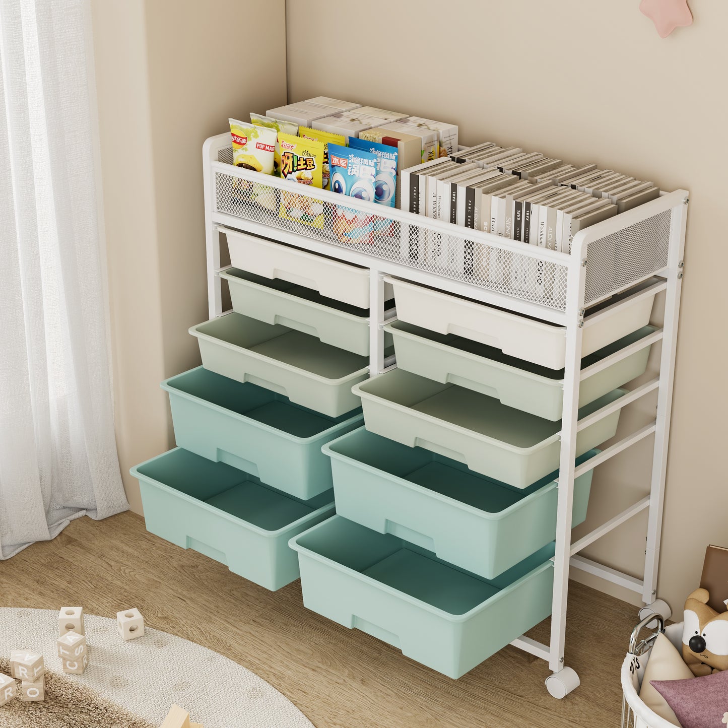 White Large Capacity 2-Row 10-Drawer Rolling Storage Cart, Metal Mesh Top Utility Organizer with Wheels, Multi-Layer Plastic Drawers for Kitchen, Bathroom, Bedroom, Office image 4