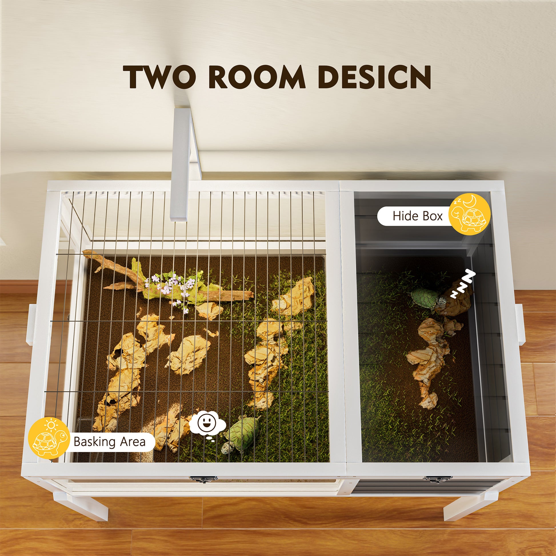 Reptile Habitat Tortoise House with Lamp Holder, Large Observation Window, Waterproof Tray, Detachable Legs, Easy to Clean Wooden Enclosure for Turtles, Lizards, Geckos, and Small Pets Indoor Outdoor image 6