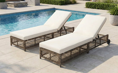 TREXM Outdoor Lounge Chair, Patio Chaise Lounge with 5-Position Backrest, Rattan Outdoor Lounge Chair with Cushion and Wheels for Poolside, Backyard, Garden (Beige Cushion+Grey Brown) image 2