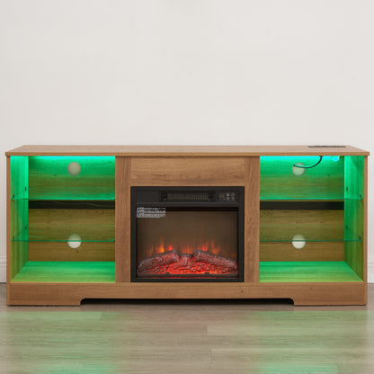 TV Stand Electric Fireplace TV Stand with Glass Shelves, 3D Fireplace TV Stand with LED Lights Wood with USB Charging Outlet Modern Television Table Center for TV up to 32-62" OAK 58'W*15.4''D*24.6 image 11