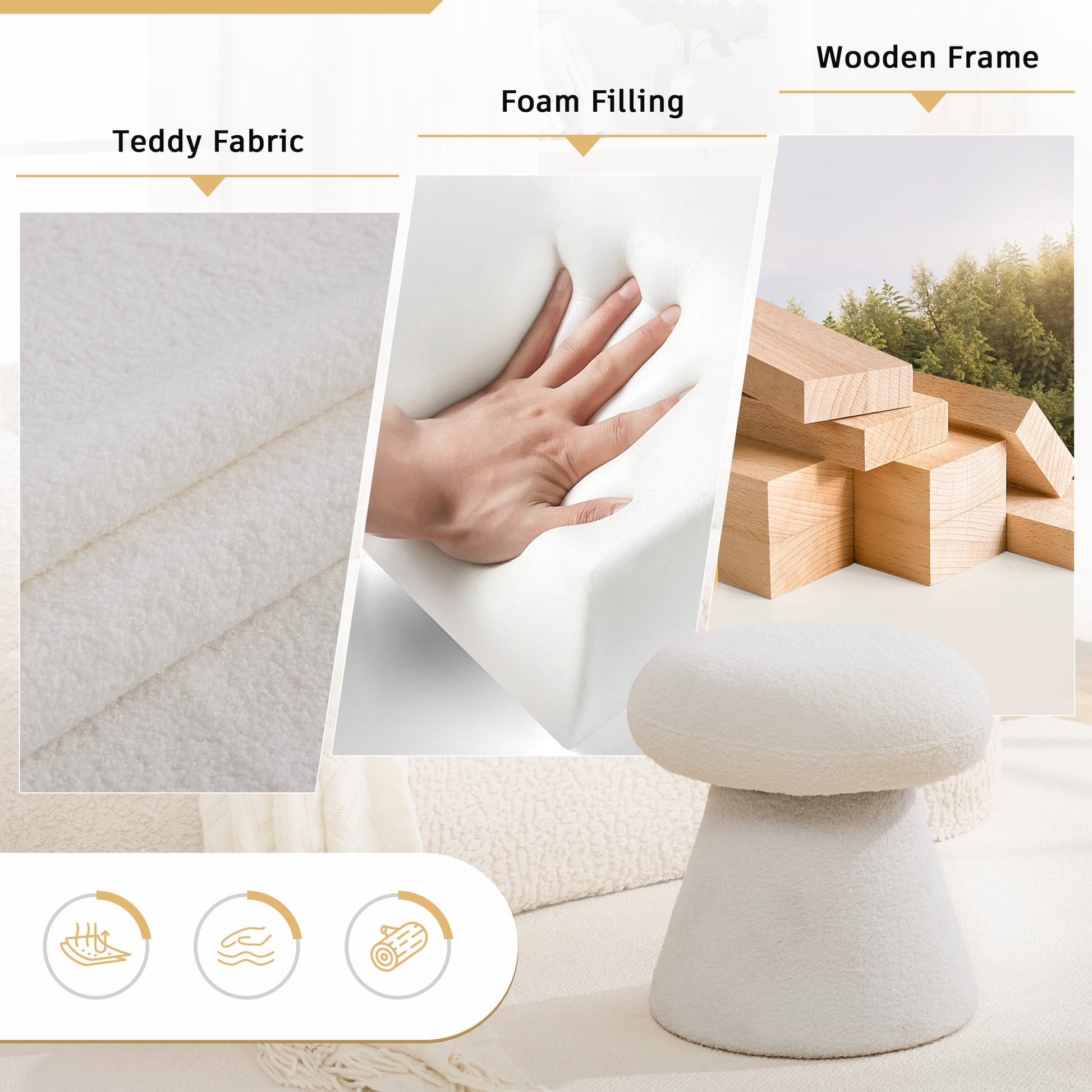 066-Teddy Fabric Soft-padded Footstool, Mushroom shaped Ottoman, Shoe-changing Stool, Makeup Stool,No Installation Required, Suitable For Bedrooms, Living Rooms, Powder Rooms Or Entrances, White image 3