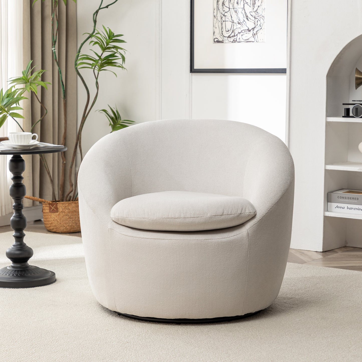 Winnie Modern Teddy Fabric Barrel Chair, 360° Swivel, Beige image 7
