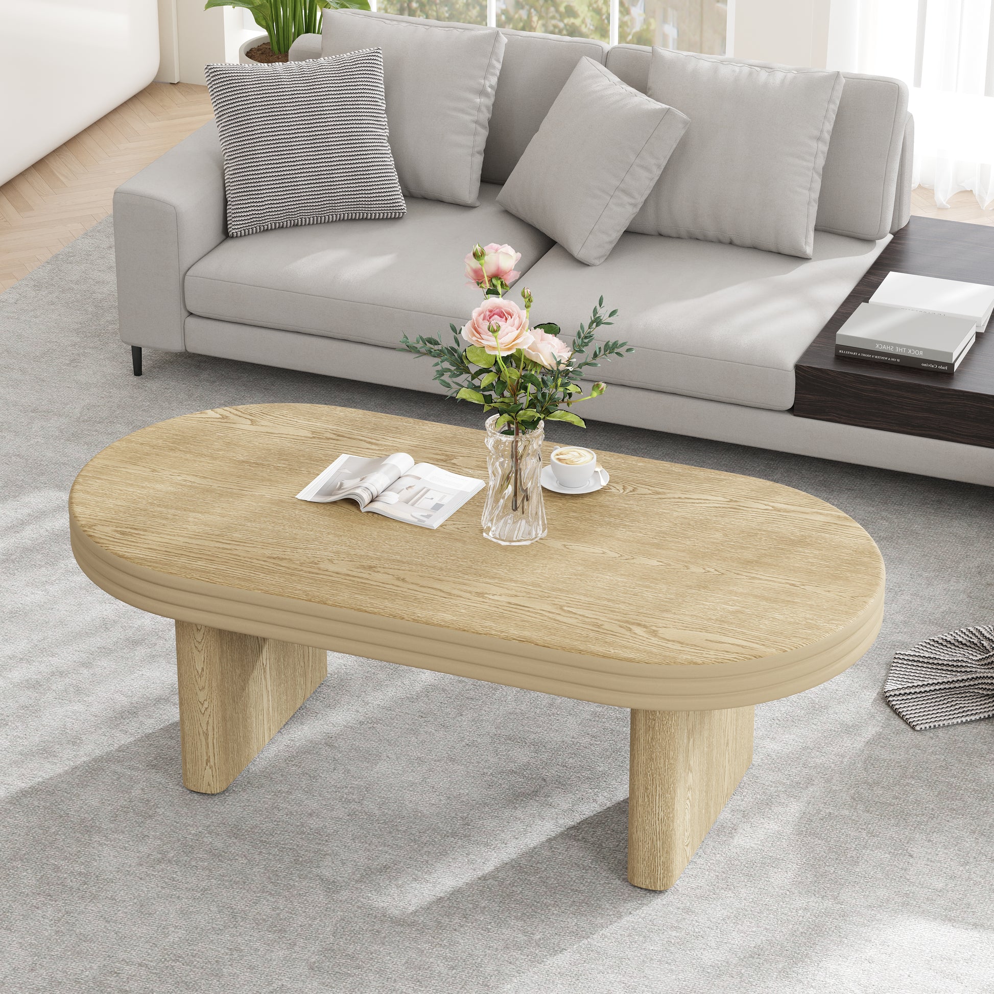 Mid Century Modern Oval Fluted Coffee Table, Farmhouse Wood Coffee Table, Cocktail Table, Center Table for Living Room, Office, Home Decor(Natural, 23.62" D x 47.24" W x 16.34" H) image 2