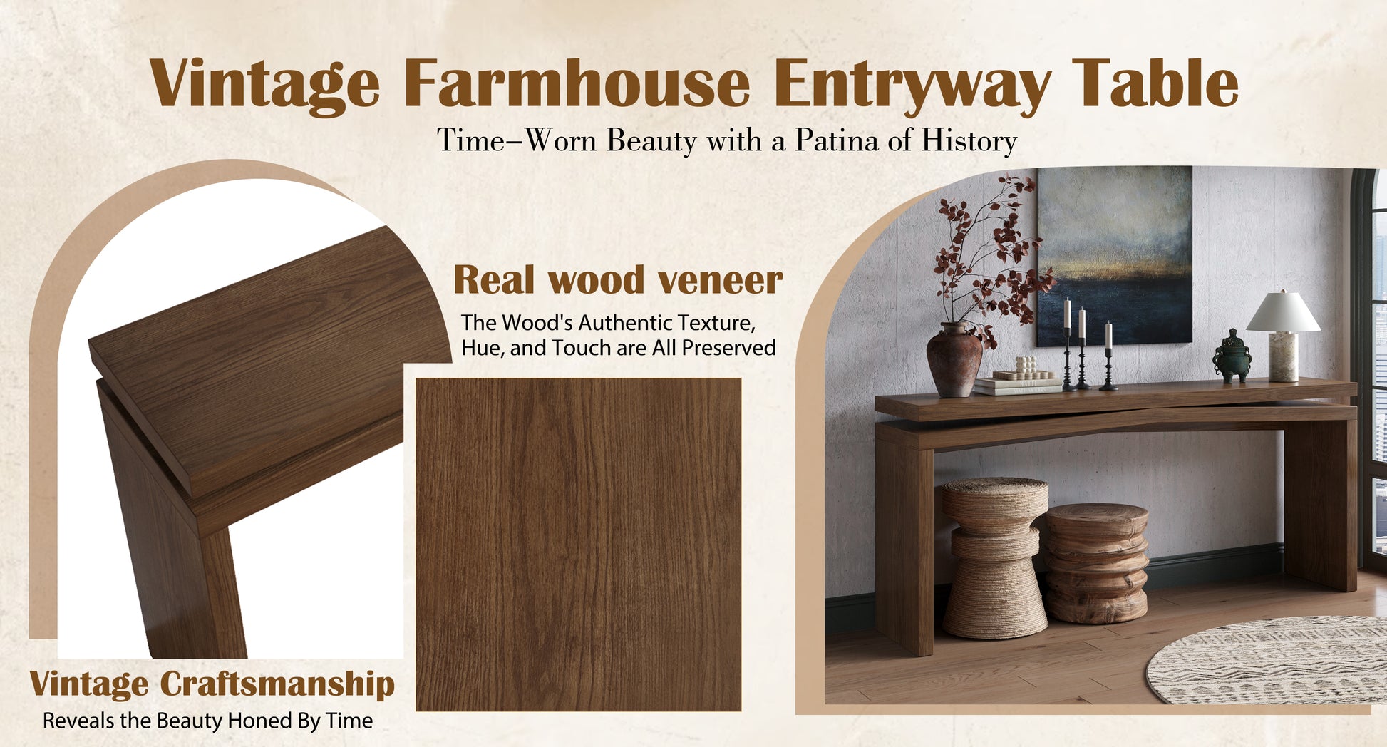 65-Inch Solid Wood Veneer Console Table, Long Farmhouse Entryway Sofa Table for Living Room, Hallway, Behind Couch, Apartment, Antique Rustic Brown image 5