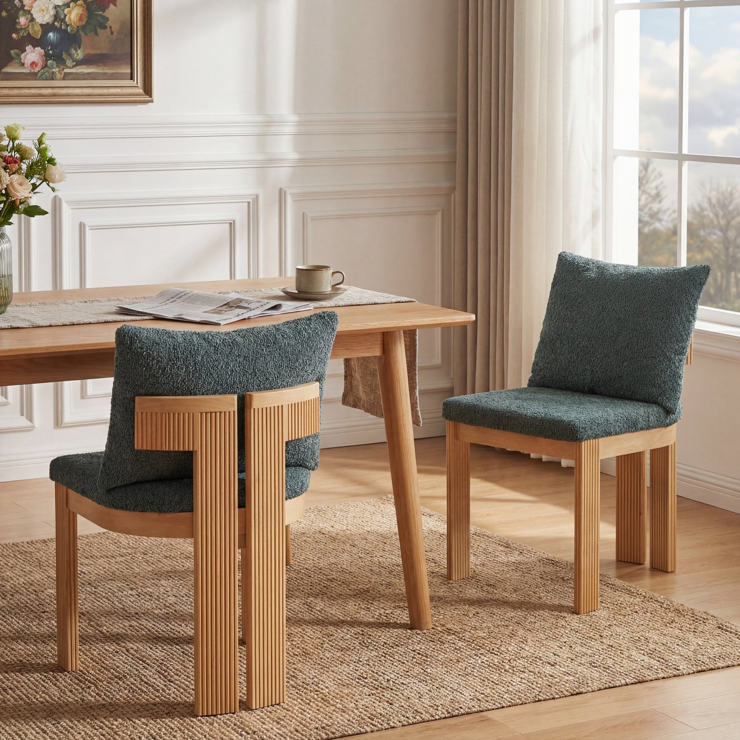 Indoor Boucle Dining Chair Set of 2, Rubber Wood Frame, Plush Green Boucle Seating, 250lbs Weight Capacity for Kitchen & Dining Room image 1