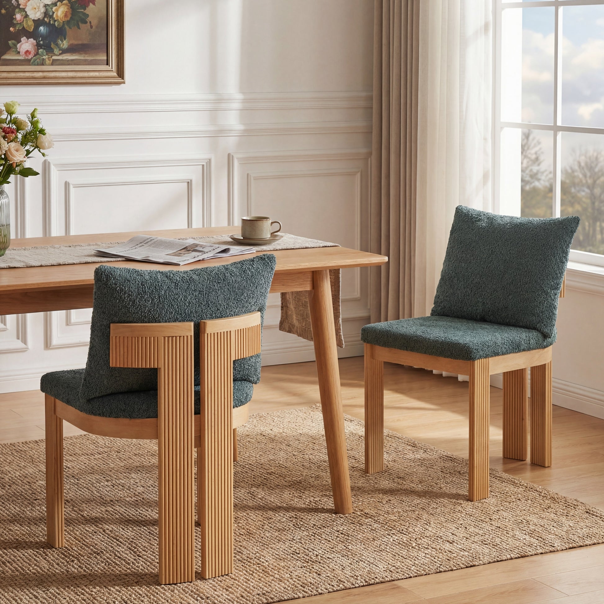 Indoor Boucle Dining Chair Set of 2, Rubber Wood Frame, Plush Green Boucle Seating, 250lbs Weight Capacity for Kitchen & Dining Room image 1