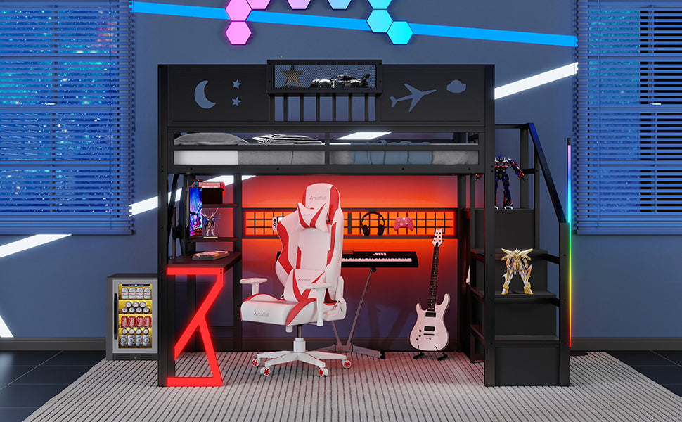Full Size Loft Bed with Stairs, Metal Full Loft Bed with High Guardrails and Beside Storage Shelf, High Loft Bed with Wardrobe for Kids Teens, black(Expect Arrival Date2026/5/18) image 5