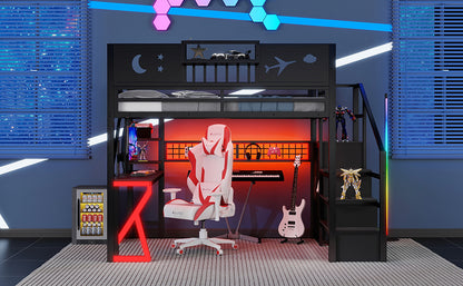 Full Size Loft Bed with Stairs, Metal Full Loft Bed with High Guardrails and Beside Storage Shelf, High Loft Bed with Wardrobe for Kids Teens, black(Expect Arrival Date2026/5/18) image 5