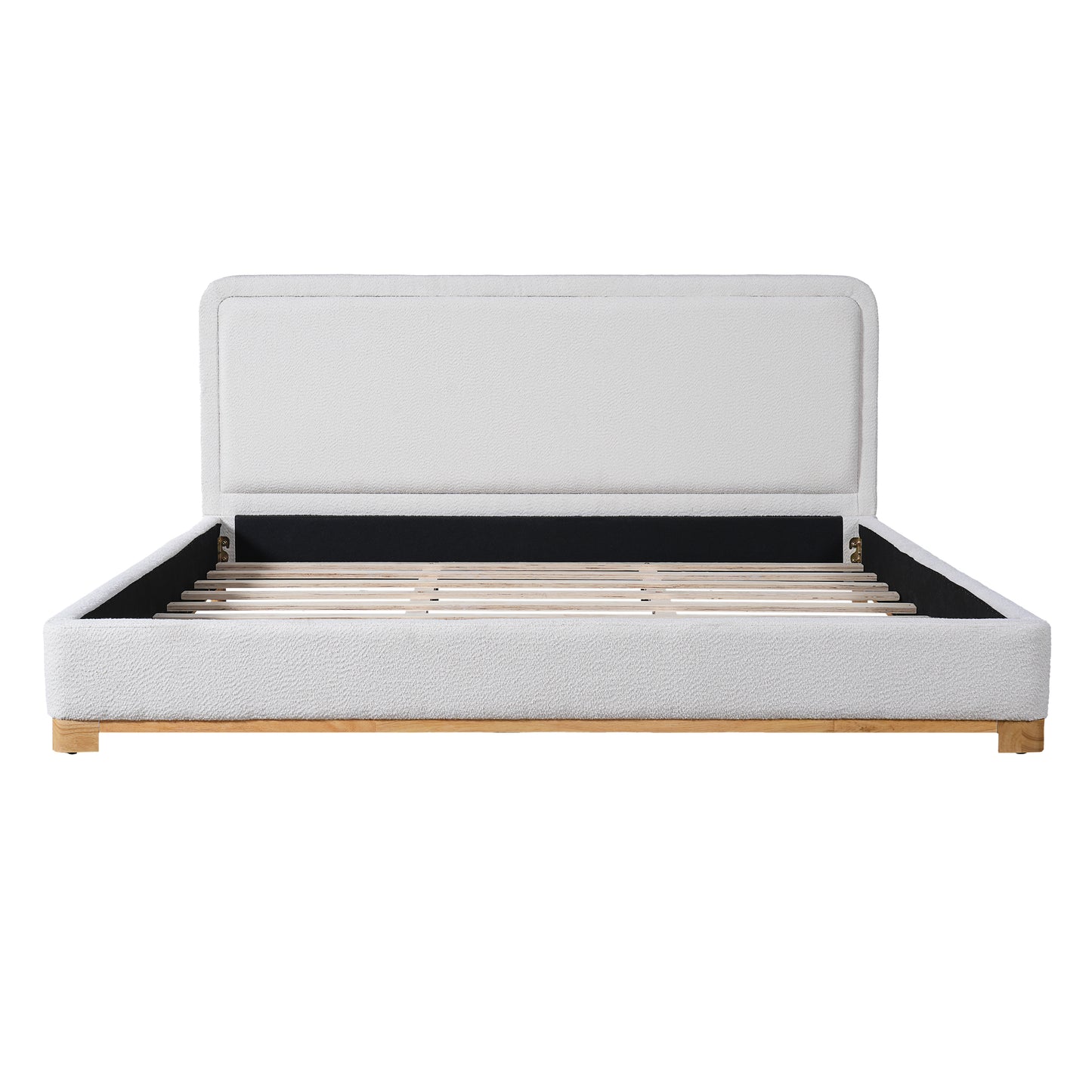 King Size Bed Frame With Boucle Upholstered Curved Headboard, Solid Wood Base And Legs, White image 8