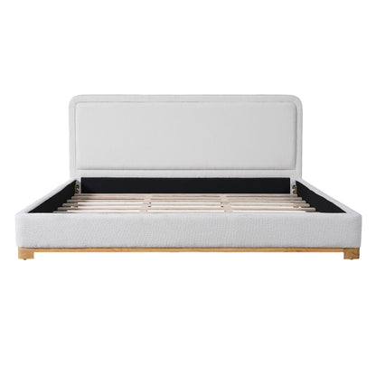 King Size Bed Frame With Boucle Upholstered Curved Headboard, Solid Wood Base And Legs, White image 8