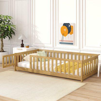 Twin Size Floor Bed with Fence and Door,Rubber Wood Floor Bed with Safety Guardrails,Natural (Old Sku W504P296778) image 2