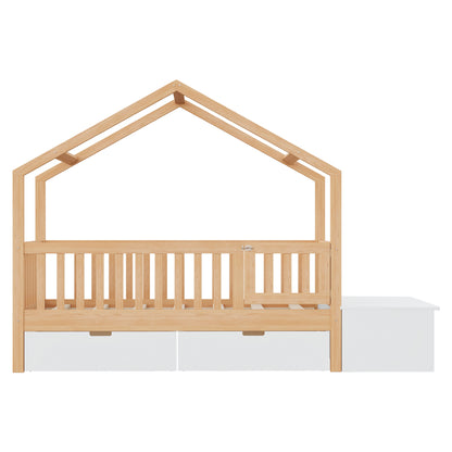Toddler Bed with Storage Drawers & Lift-Top Chest, Solid Wood Bed with Safety Railings & Gate, Playhouse Bed Frame for Kids, Compatible with standard US toddler mattresses, Natural Wood & White image 10