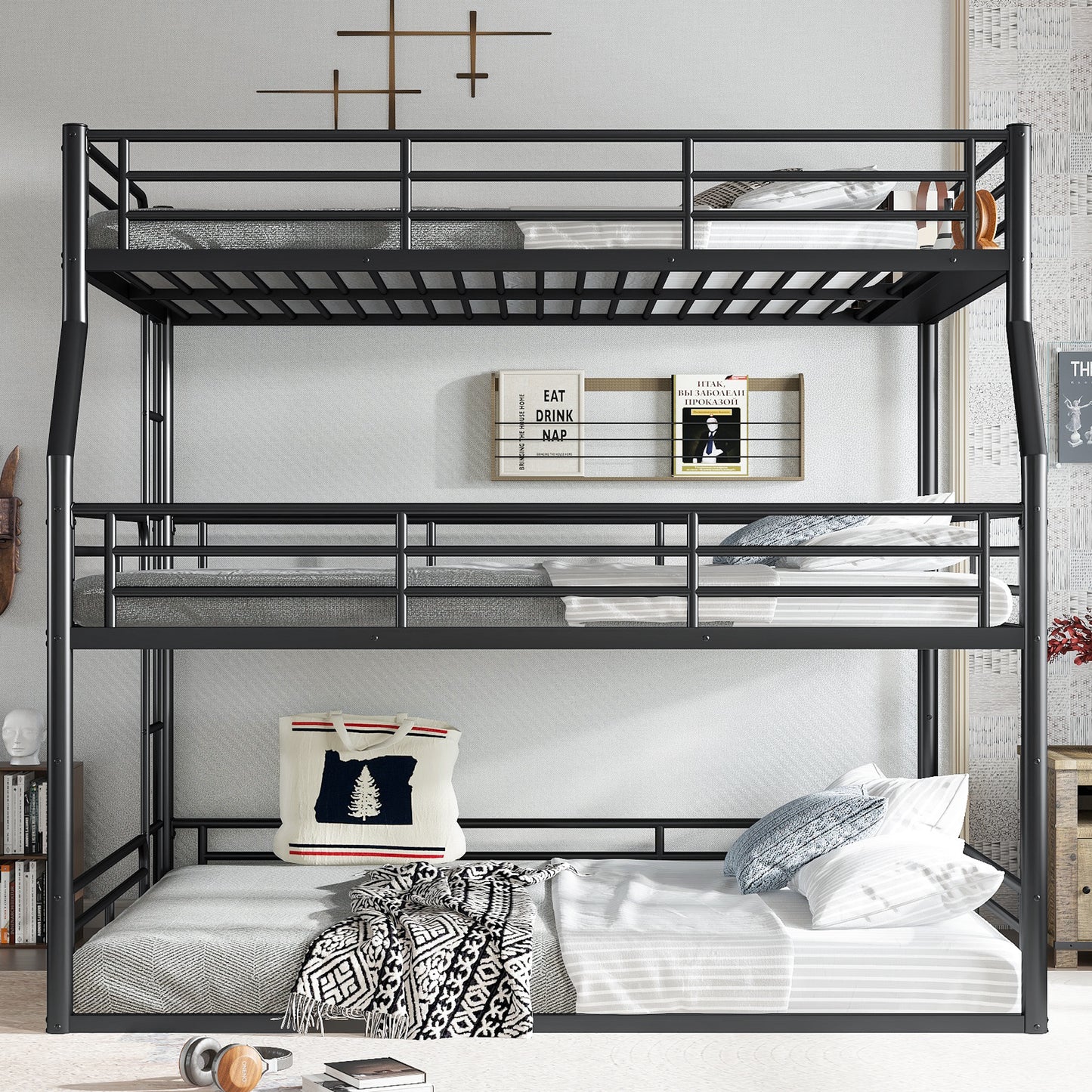 Full XL over Queen over Queen Bunk Bed, Metal Triple Bunk Bed with Safety Guardrails, Heavy-duty Bunk Bed with Noise-reduced Design, Black image 2