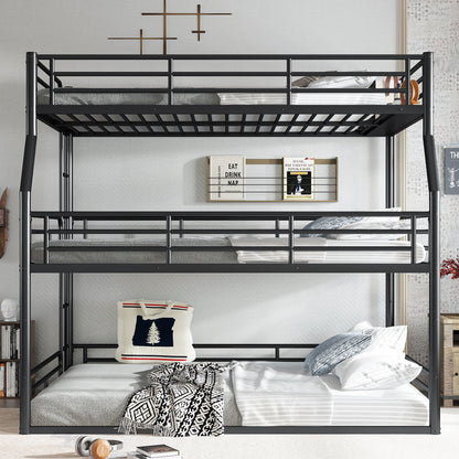 Full XL over Queen over Queen Bunk Bed, Metal Triple Bunk Bed with Safety Guardrails, Heavy-duty Bunk Bed with Noise-reduced Design, Black image 2