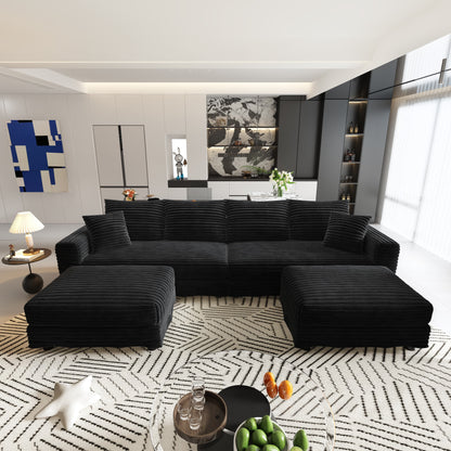 102.4 "Plush Corduroy 4-Seat Sofa,Modern Comfy Upholstered Sofa Cloud Couch,Deep Seat Couches with Soft Pillows and 2 Ottomans,Convertible Sofa Lounge Chair,Black(Old SKU:W1885S00282) image 2