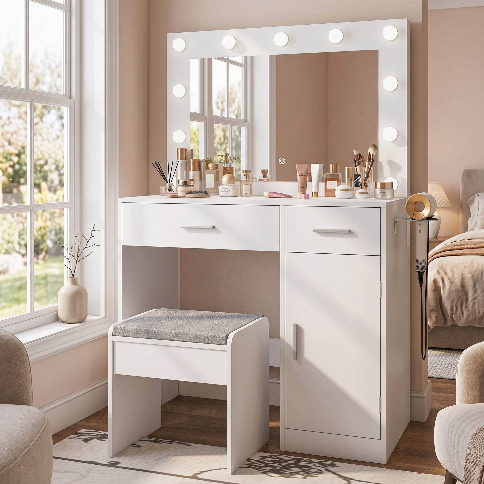 Vanity Desk with Mirror, Large Drawer and Power Socket with 11 Light Bulbs and 3 Adjustable Lighting Modes, Vanity Table Ideal for Bedroom (White) image 2