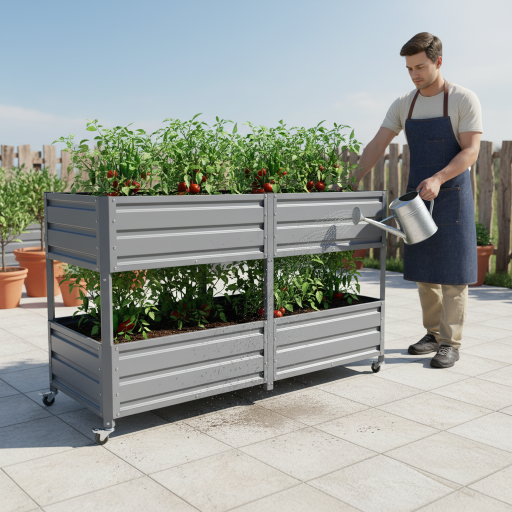 Dual Tier Elevated Metal Raised Garden Bed with Lockable Wheels, Staggered 2-Layer Raised Planter Box for Vegetables Herbs Flowers, Outdoor Patio Backyard Green Planting Bed,Grey image 5