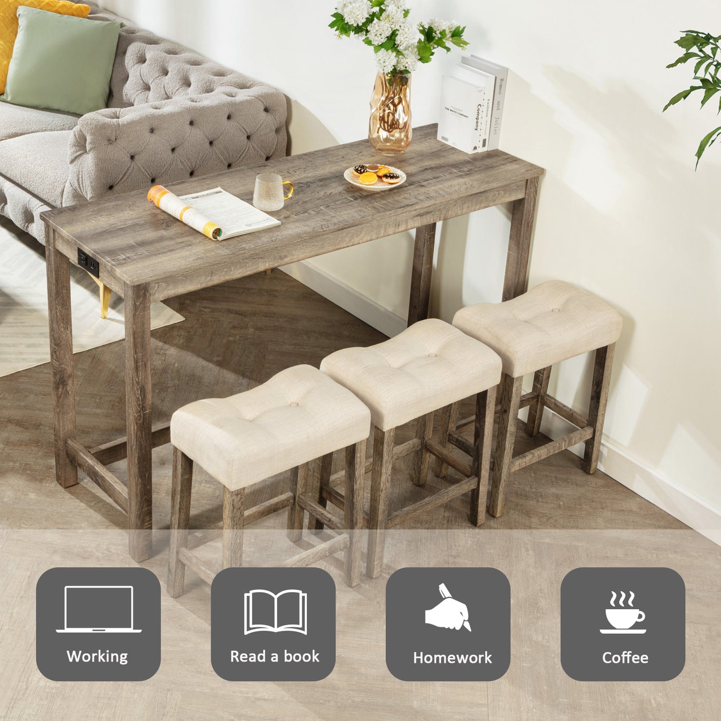 4-Piece Bar Table Set with Power Outlet, Dining Bar Table and Chairs Set,Bar Table Set with 3 Padded Stools for Living Room, Dining Room, Game Room, Brown image 3