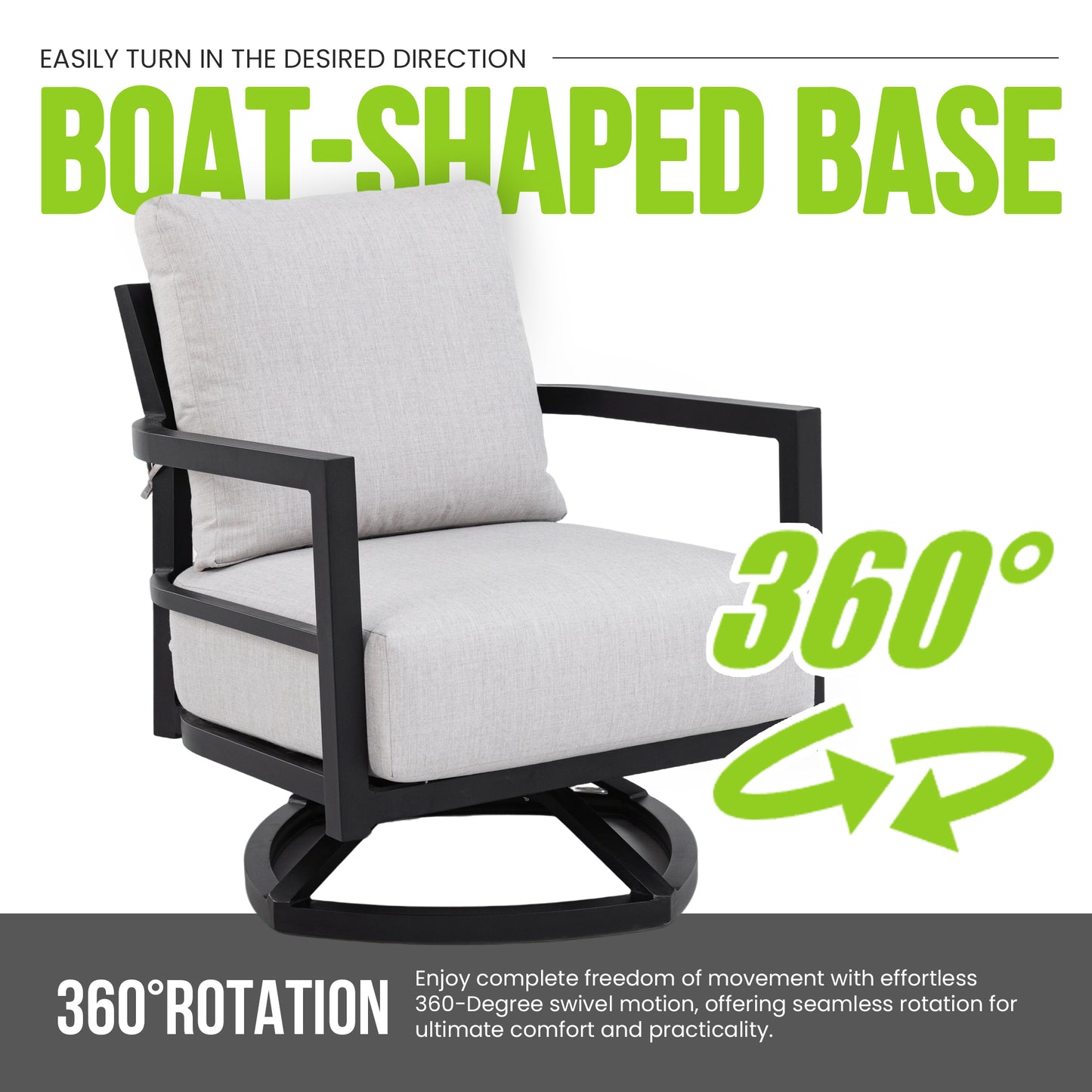 3PC Outdoor Aluminum Patio Furniture,Modern Fully Weld Swivel Lounge Chair Chat Set,Sunbrella Cushions,Elegance Arc 23.6'' Side Table with Greek White Marble-Inspired Sintered Stone Top,Ember Black image 3