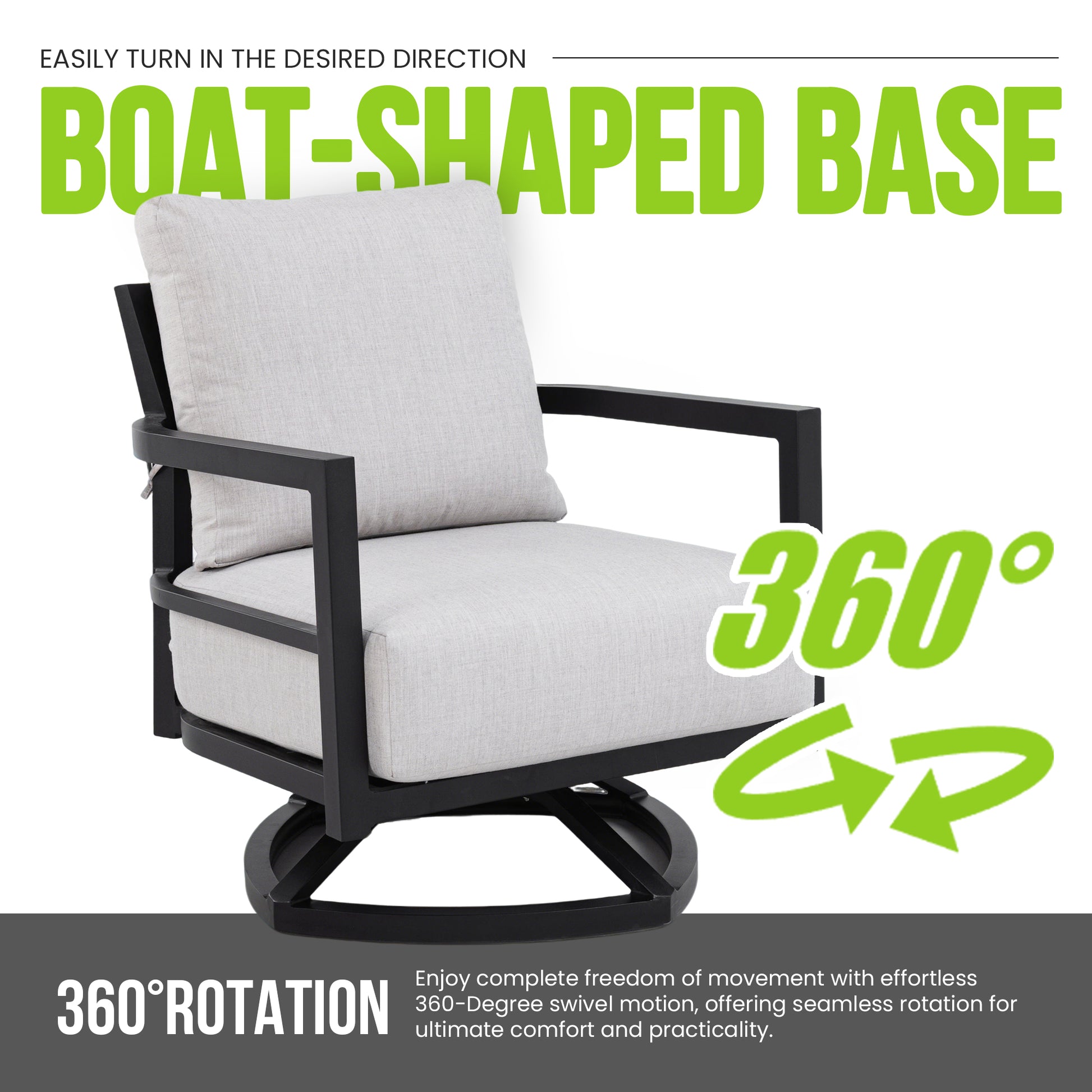 3PC Outdoor Aluminum Patio Furniture,Modern Fully Weld Swivel Lounge Chair Chat Set,Sunbrella Cushions,Elegance Arc 23.6'' Side Table with Greek White Marble-Inspired Sintered Stone Top,Ember Black image 3