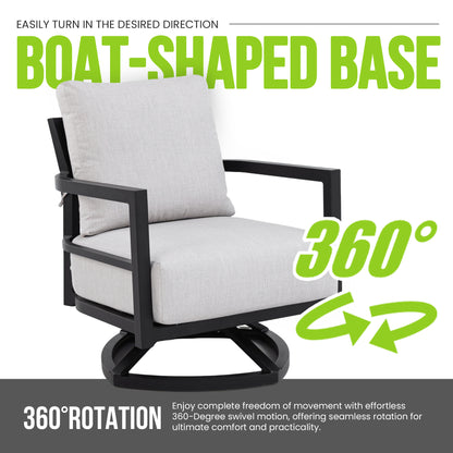 3PC Outdoor Aluminum Patio Furniture,Modern Fully Weld Swivel Lounge Chair Chat Set,Sunbrella Cushions,Elegance Arc 23.6'' Side Table with Greek White Marble-Inspired Sintered Stone Top,Ember Black image 3