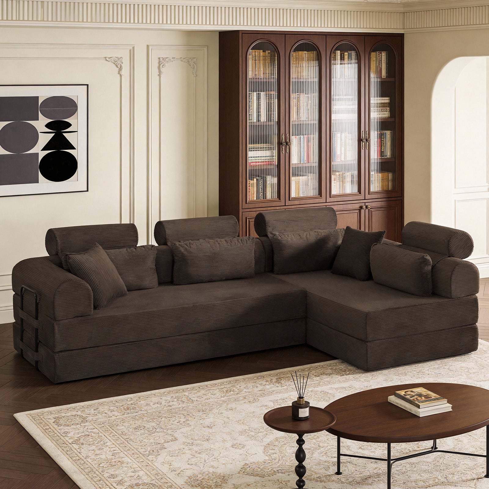 L shape Modular Sectional Sofa, Compressed Sectional Sofa Modern Minimalist Style Corduroy Couch,Unfold into a bed, Bedroom, Comfy Compressed Sofa Couch Space-Efficient Design(Brown) image 1