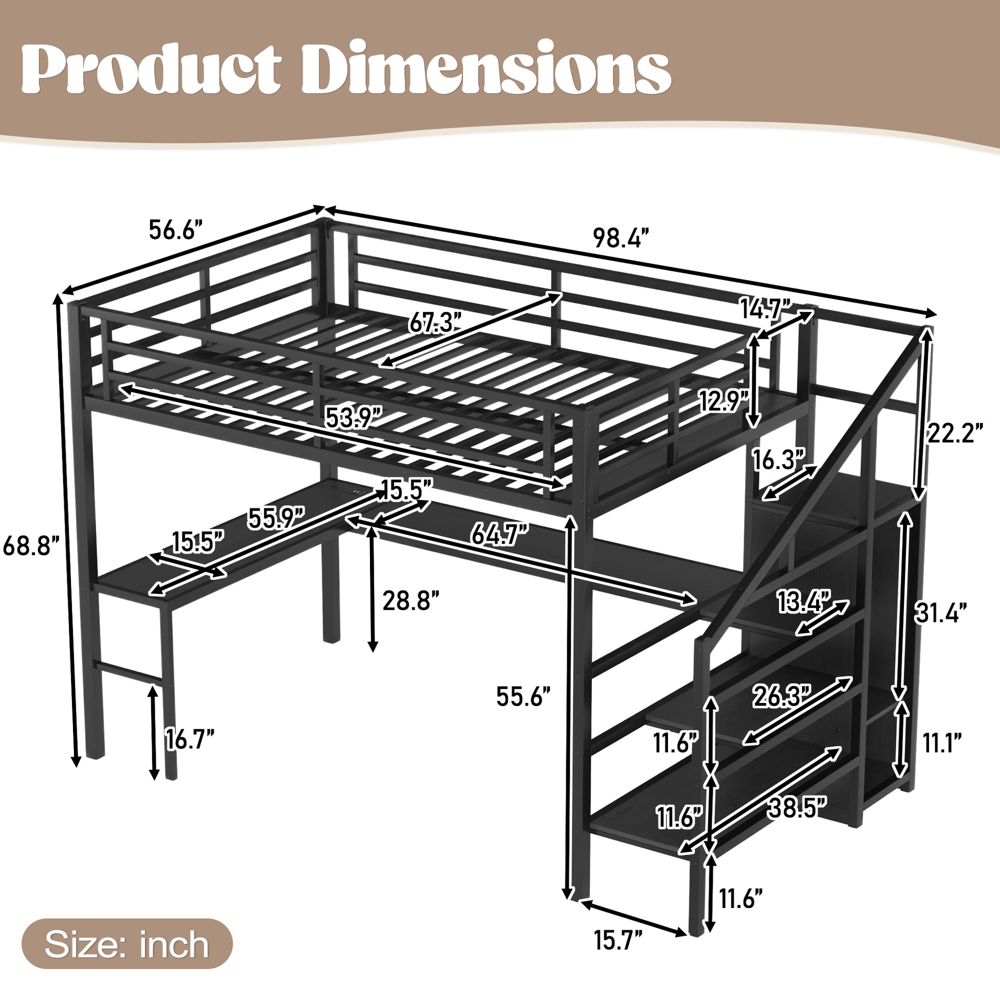 Full XL Size Loft Bed with L-shaped Desk and USB, Metal Loft Bed with Wardrobe and Adjustable Shelf, High Loft Bed with LED for Kids Teens Adults, Black image 8