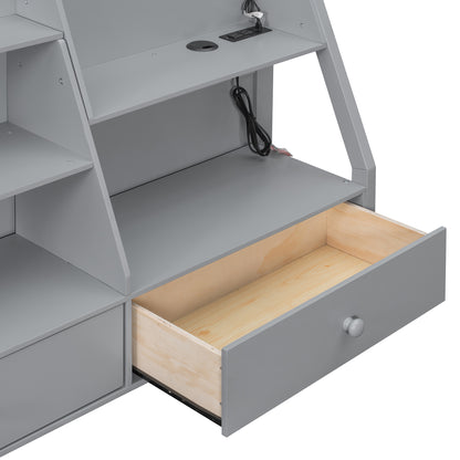 Full Bunk Bed with APP-Controlled LED Lights (7 Colors), USB Ports, Storage Shelves and 2 Drawers,Gray image 5
