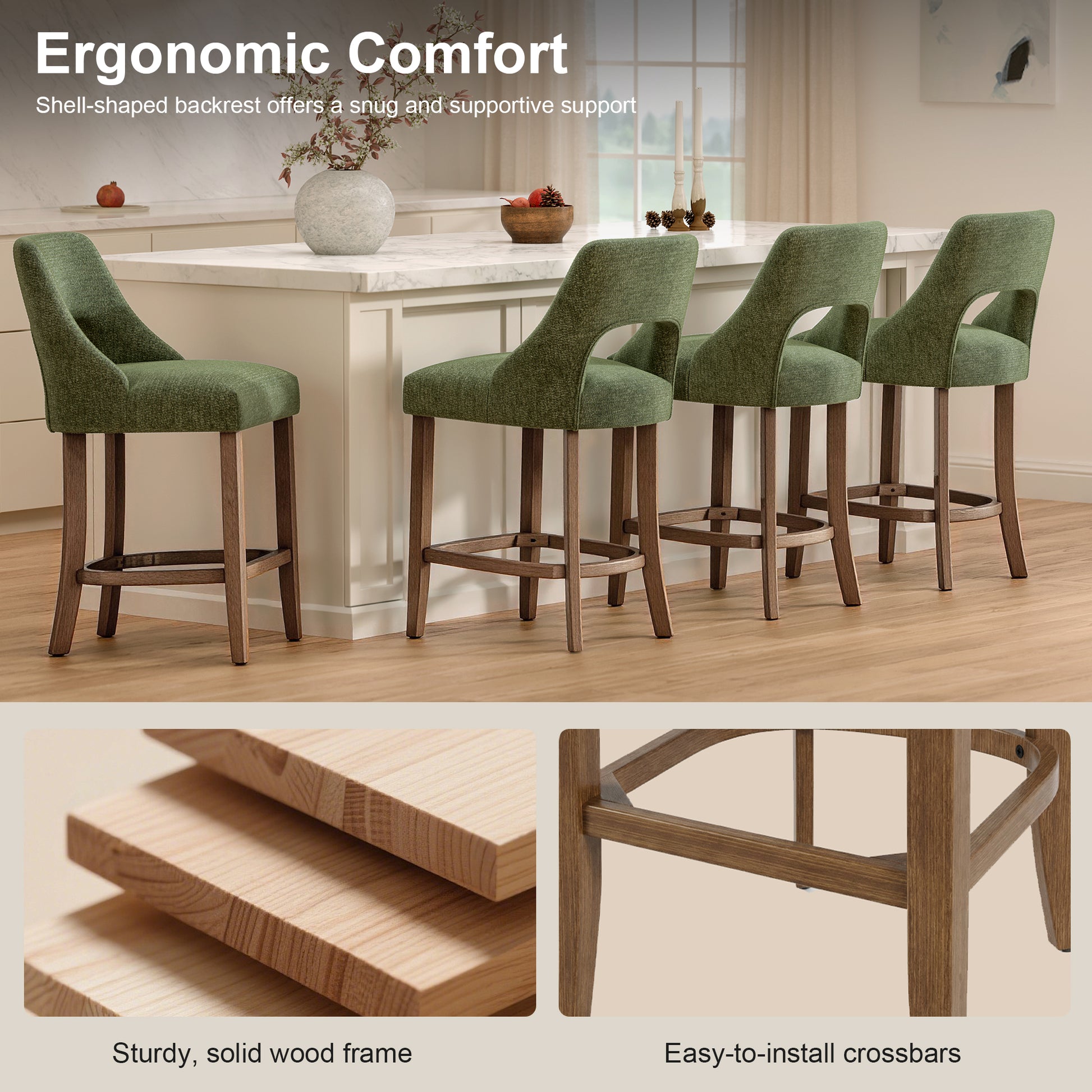 Bar Stools Set of 2, Upholstered Counter Height Bar Stools, Modern Counter Stools with Wood Legs for Kitchen Island Dining Room Bar, Green image 6