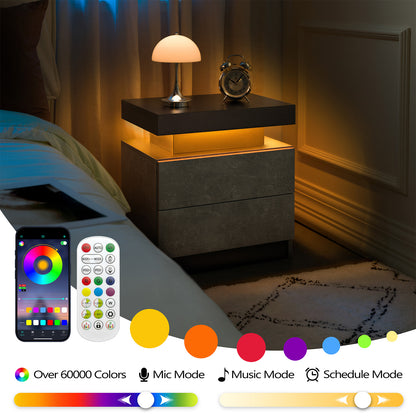 Nightstand LED Bedside Table Cabinet Lights Modern End Side with 2 Drawers for Bedroom (Black+Gray) image 5