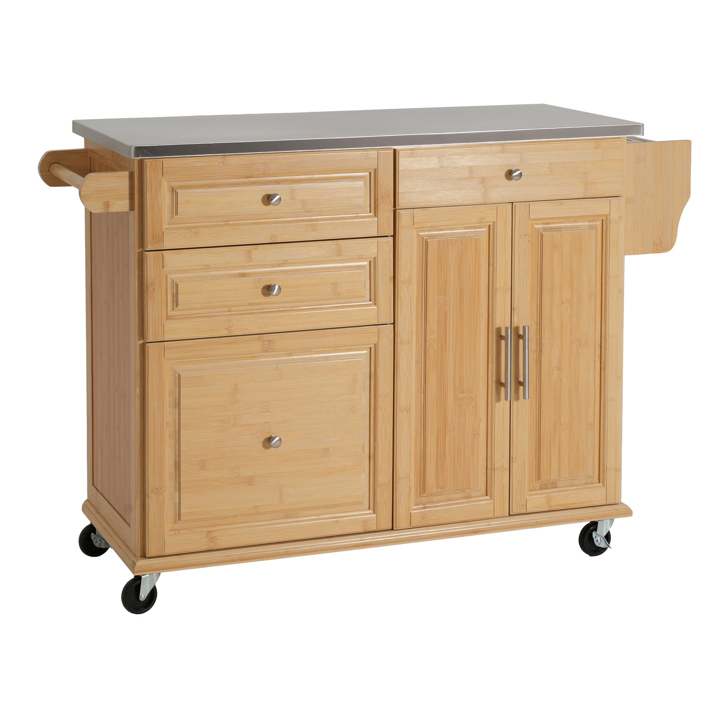 Indoor Bamboo Rolling Kitchen Island with Stainless Steel Top – Mobile Cart with Drawers, Cabinet & Towel Rack for Dining & Bar image 9