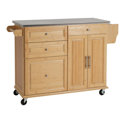 Indoor Bamboo Rolling Kitchen Island with Stainless Steel Top – Mobile Cart with Drawers, Cabinet & Towel Rack for Dining & Bar image 9
