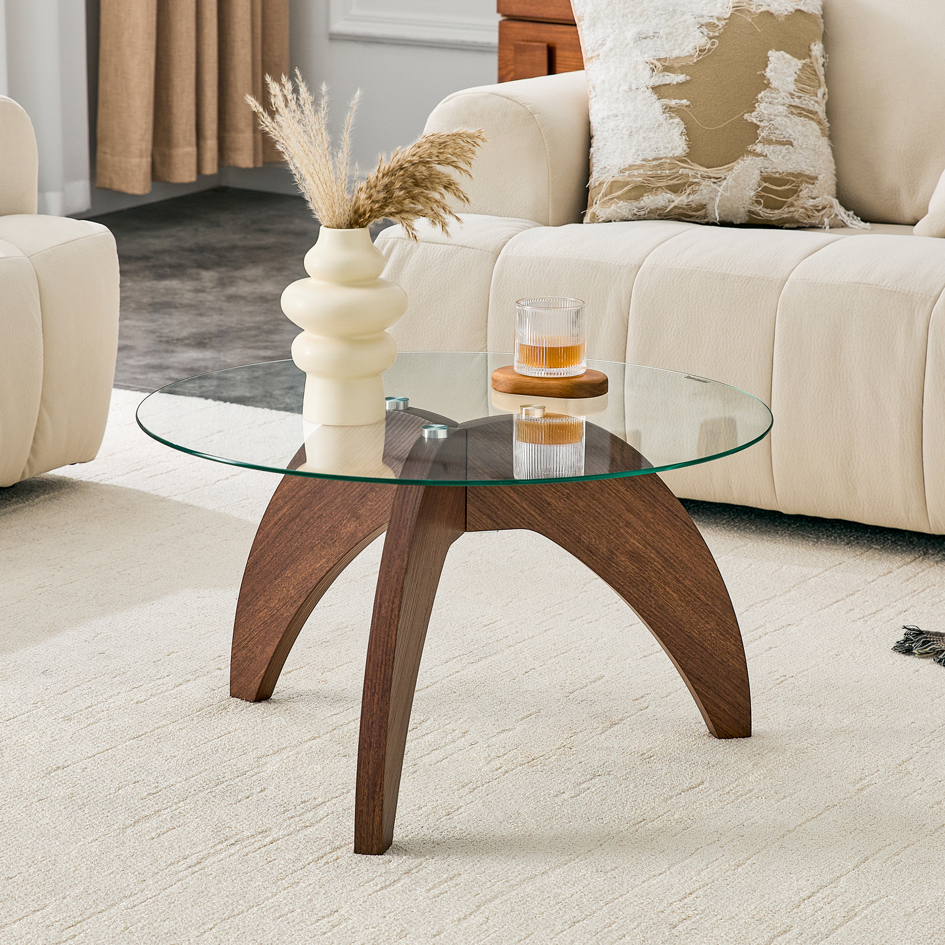 Creative claw-style triangular-leg round coffee table, approximately 27.5 inches in diameter, featuring a clear tempered glass top and walnut-colored MDF. Perfect as a living room coffee table,etc. image 3