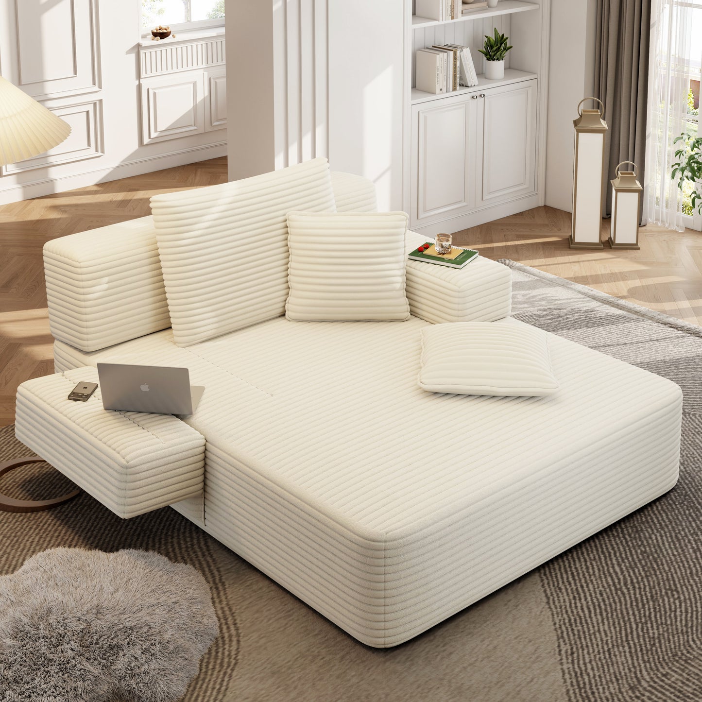 Luxurious Plush Corduroy Chaise Lounge with 3 Pillows, Convertible Sofa Bed with Storage Pocket, Frameless Design & Compression Foam for Small Spaces, Living Room, Apartment,Beige&White image 7