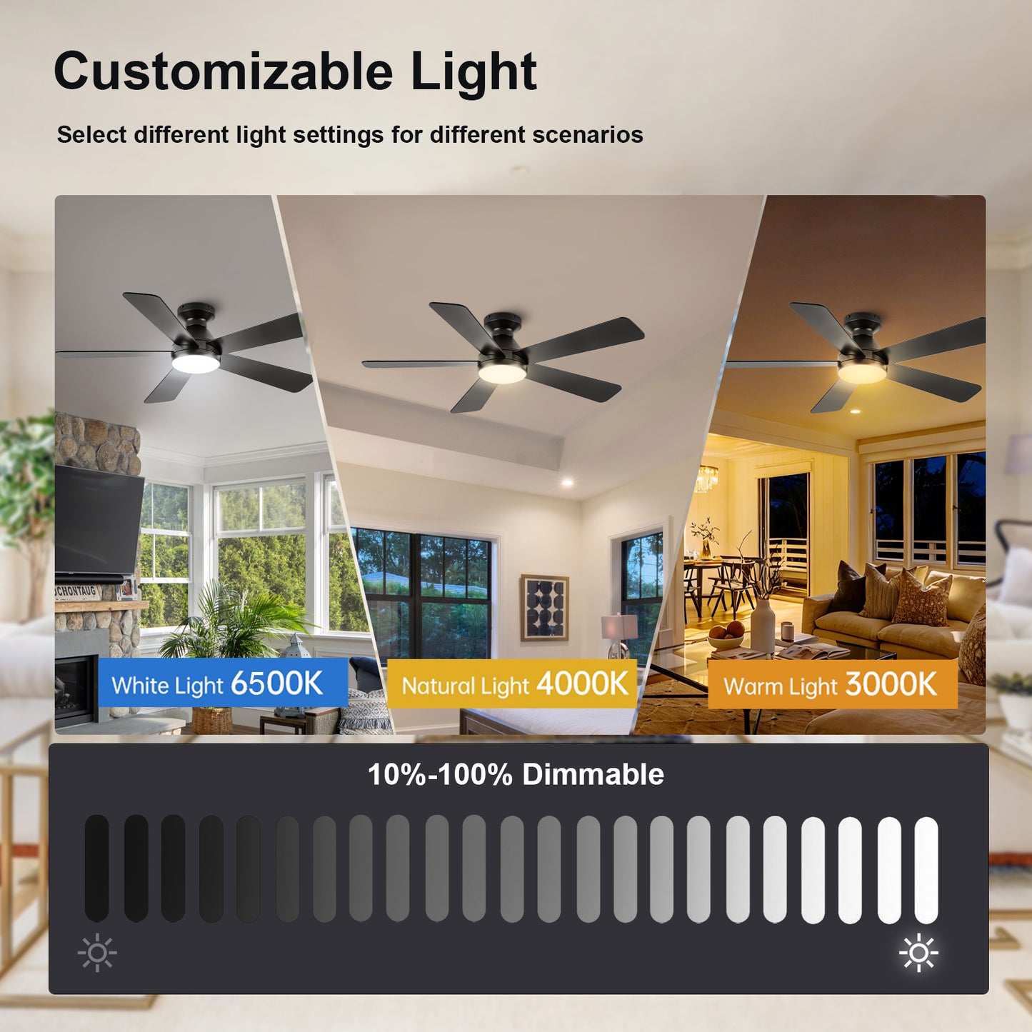 Ceiling Fans with Lights, 52 inch Low Profile Ceiling fan with Light and Remote Control, Flush Mount, Reversible, 3CCT, Dimmable, Noiseless, Black Ceiling Fan for Bedroom, Indoor/Outdoor Use image 4