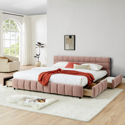 King Size Upholstered Bed,comfortable upholstered bed frame, Chenille fabric, with headboard and solid bed frame. With drawer for storage.-Pink(88.5''*85.5''*31'') image 3