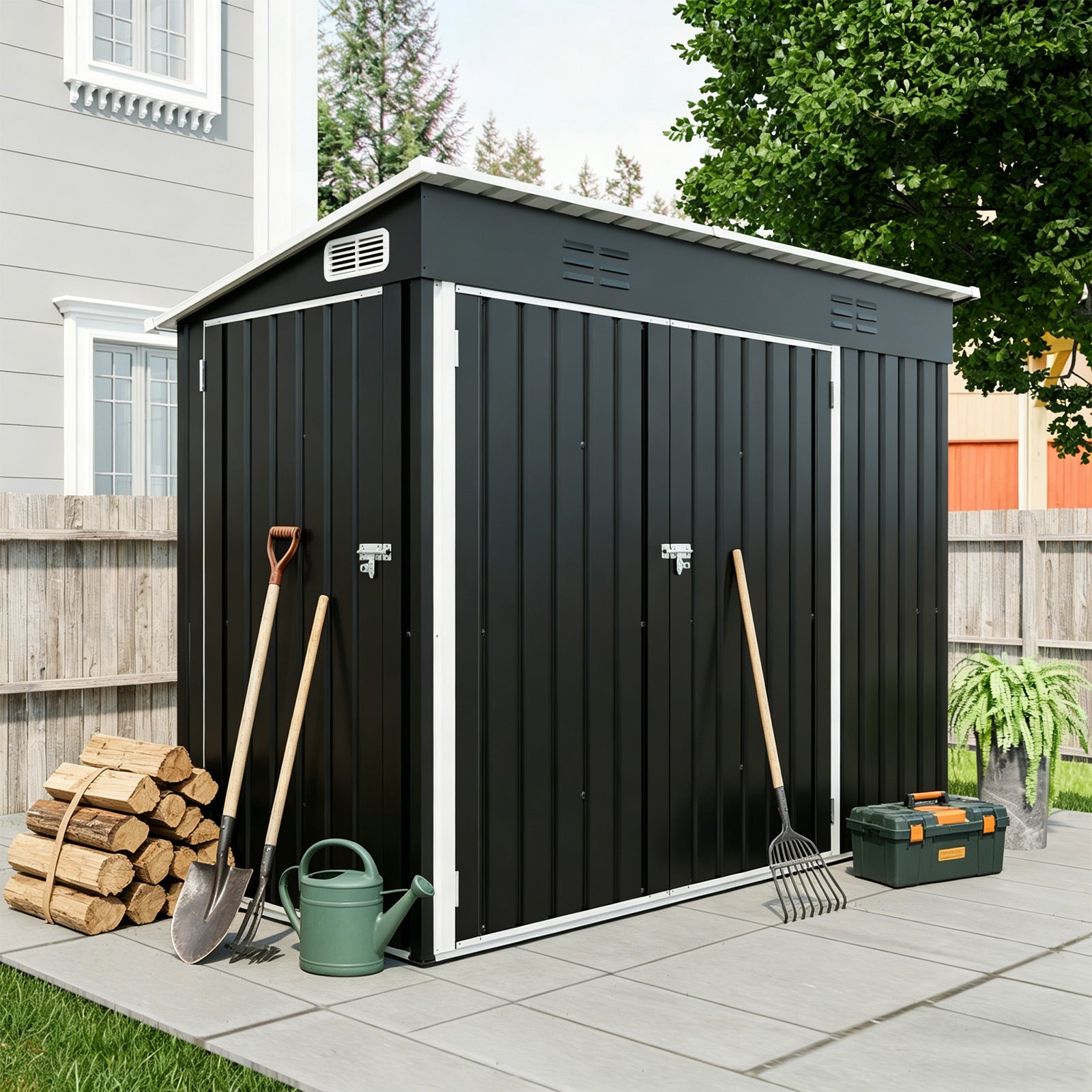 4 x 8 FT Galvanized Steel Outdoor Storage Shed with 3 Access Doors, Ventilated Weatherproof Metal Utility Shed for Garden Tools, Bikes & Patio Equipment,Black(3.58*7.41 ft) image 1