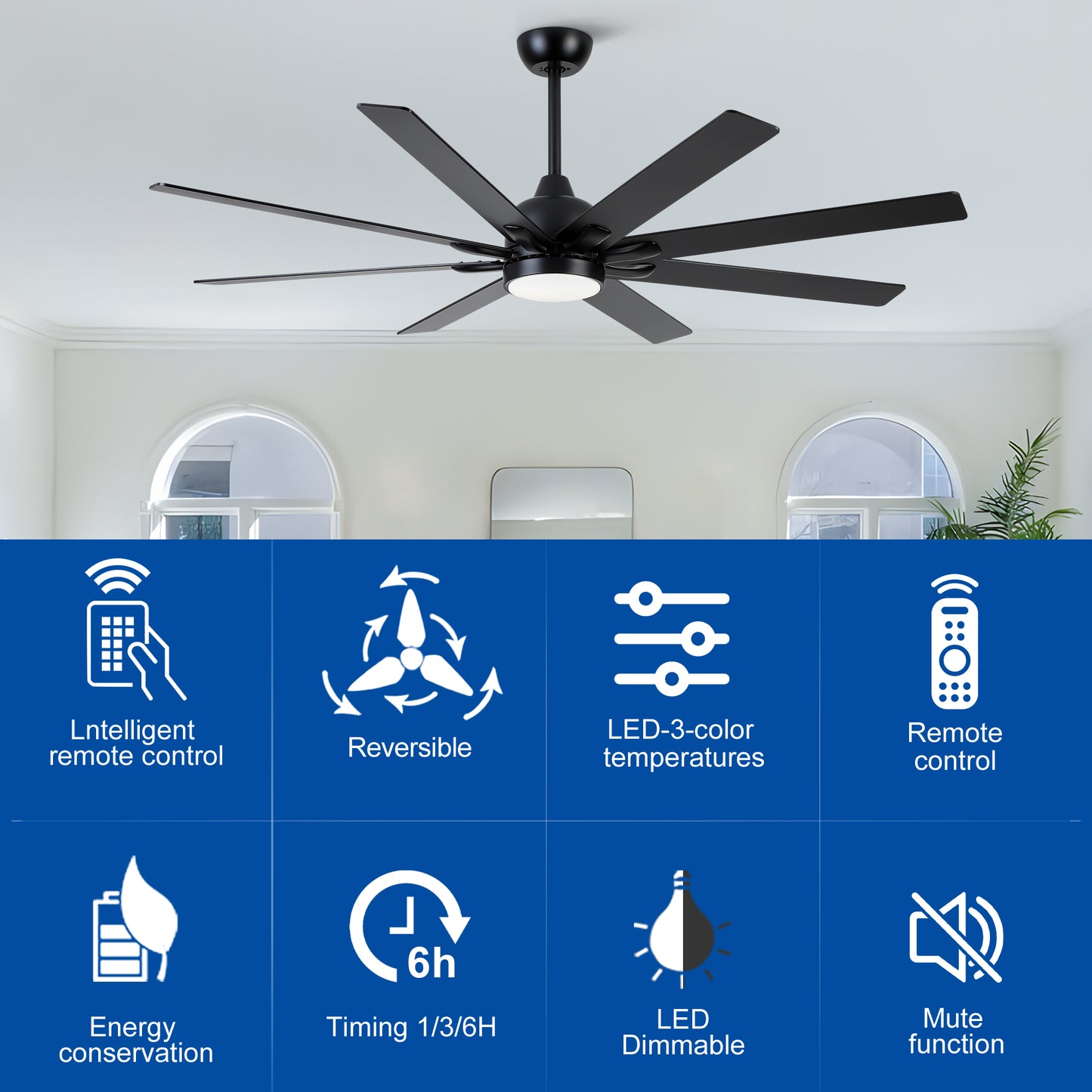 72 In. Indoor Modern Black Ceiling Fans with Integrated LED Lighting with Remote Control image 11