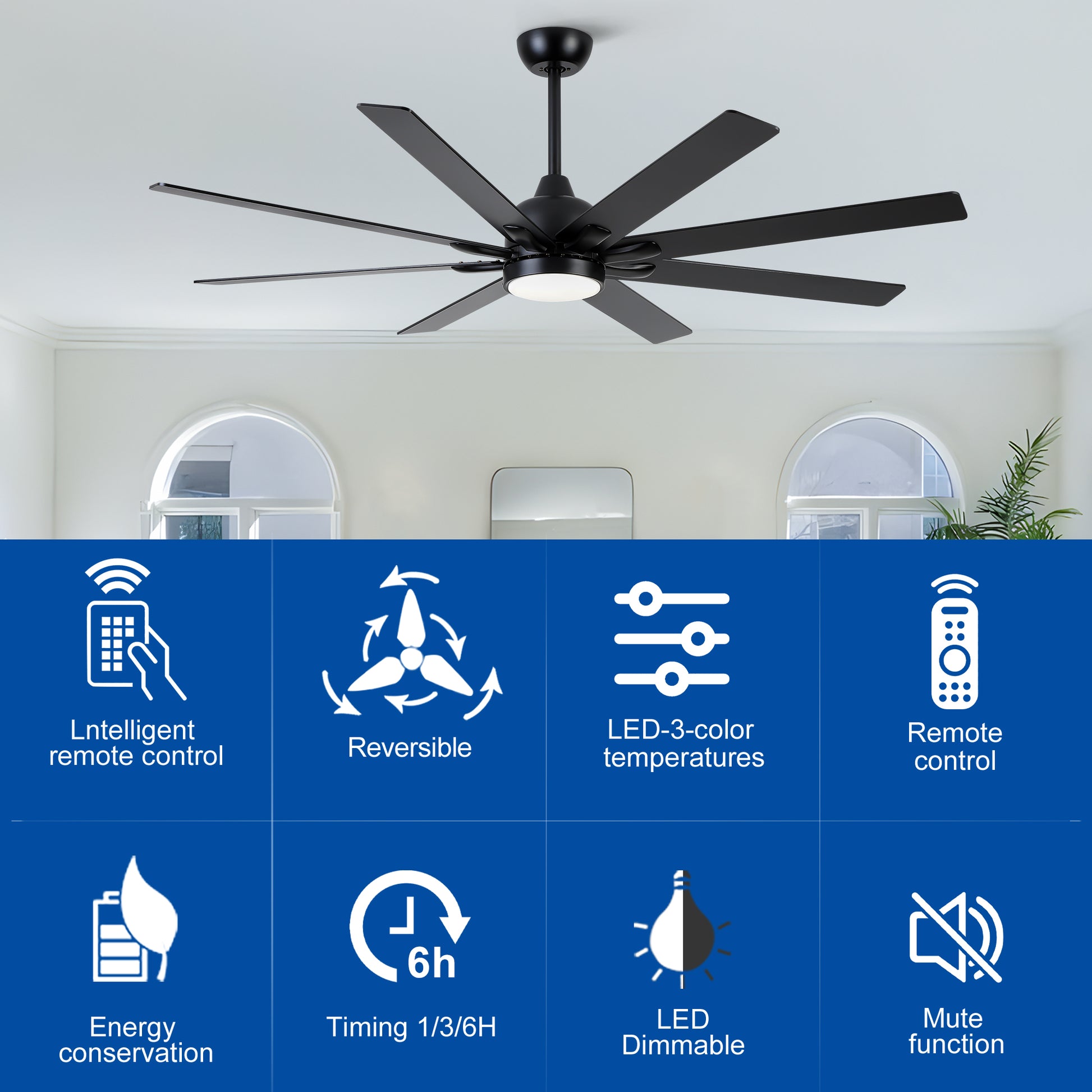 72 In. Indoor Modern Black Ceiling Fans with Integrated LED Lighting with Remote Control image 11