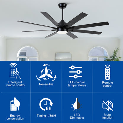 72 In. Indoor Modern Black Ceiling Fans with Integrated LED Lighting with Remote Control image 11