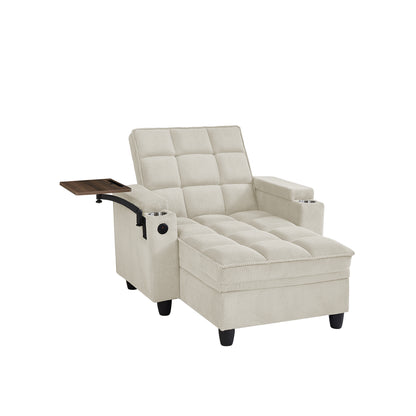 Beige Chaise Lounge Sofa,Sleeper Chair Bed with 6-Position Adjustable Backrest,USB Ports, Cup Holder and Swivel Side Table image 8