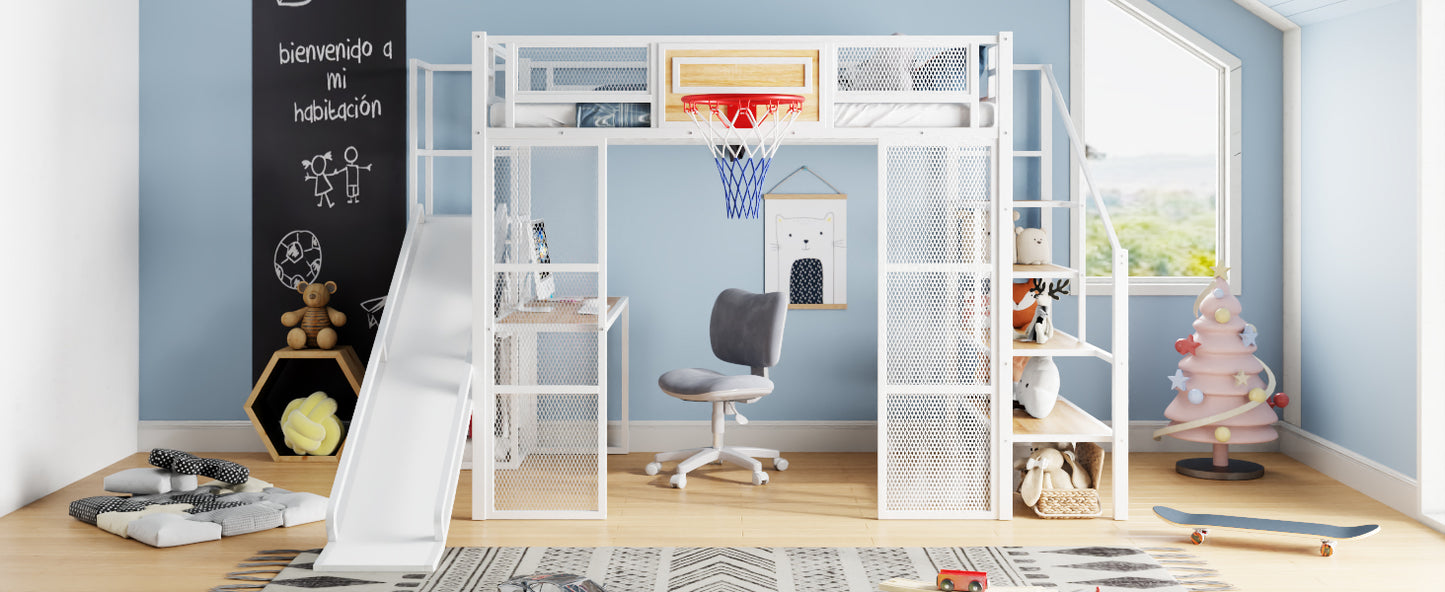 Full Size Metal Loft bed with Built-in Desk, Open Wardrobe, Basketball hoop, Slide and Staircase, White image 10