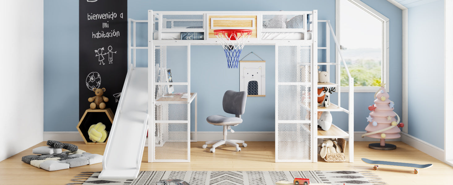 Full Size Metal Loft bed with Built-in Desk, Open Wardrobe, Basketball hoop, Slide and Staircase, White image 10