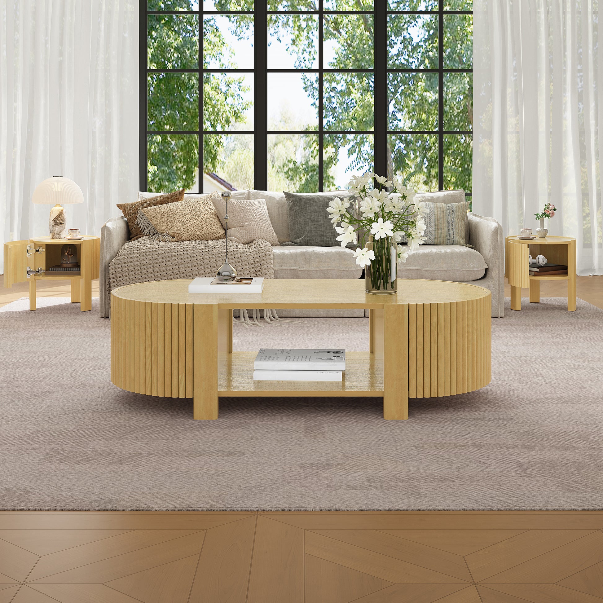 Oval Fluted Coffee Table with Storage for Living Room, Rubber Solid Wood, 1 shelf & 2 Open Storage Doors, Natural, 47" image 6