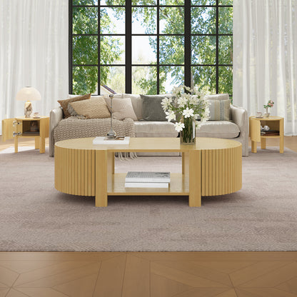 Oval Fluted Coffee Table with Storage for Living Room, Rubber Solid Wood, 1 shelf & 2 Open Storage Doors, Natural, 47" image 6