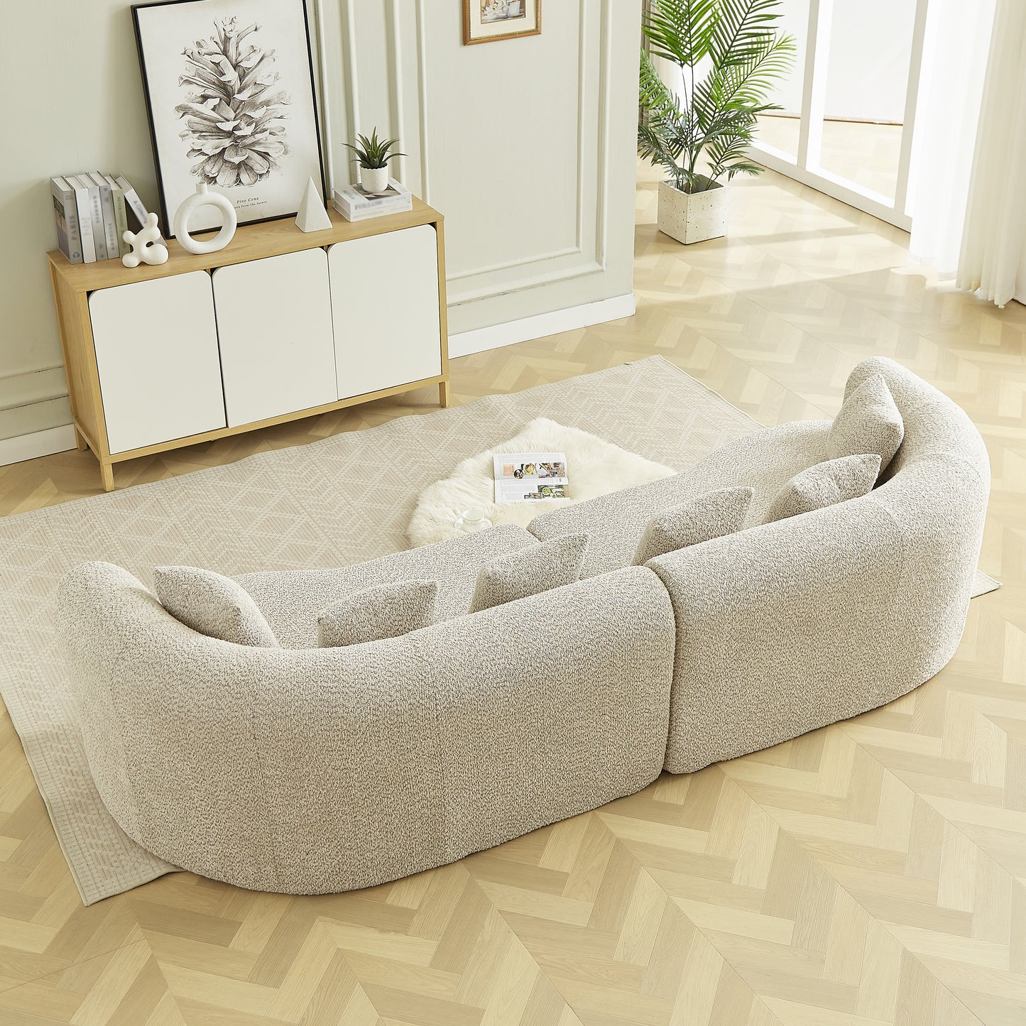 Curved Sectional Sofa, 111.5-inch Oversized Modern Bone-Free Cloud Sofa with 6 Pillows Luxury Chenille Four-Seater Memory Foam Sofa with Deep Seat Design, Light khaki W3505P355582 image 8
