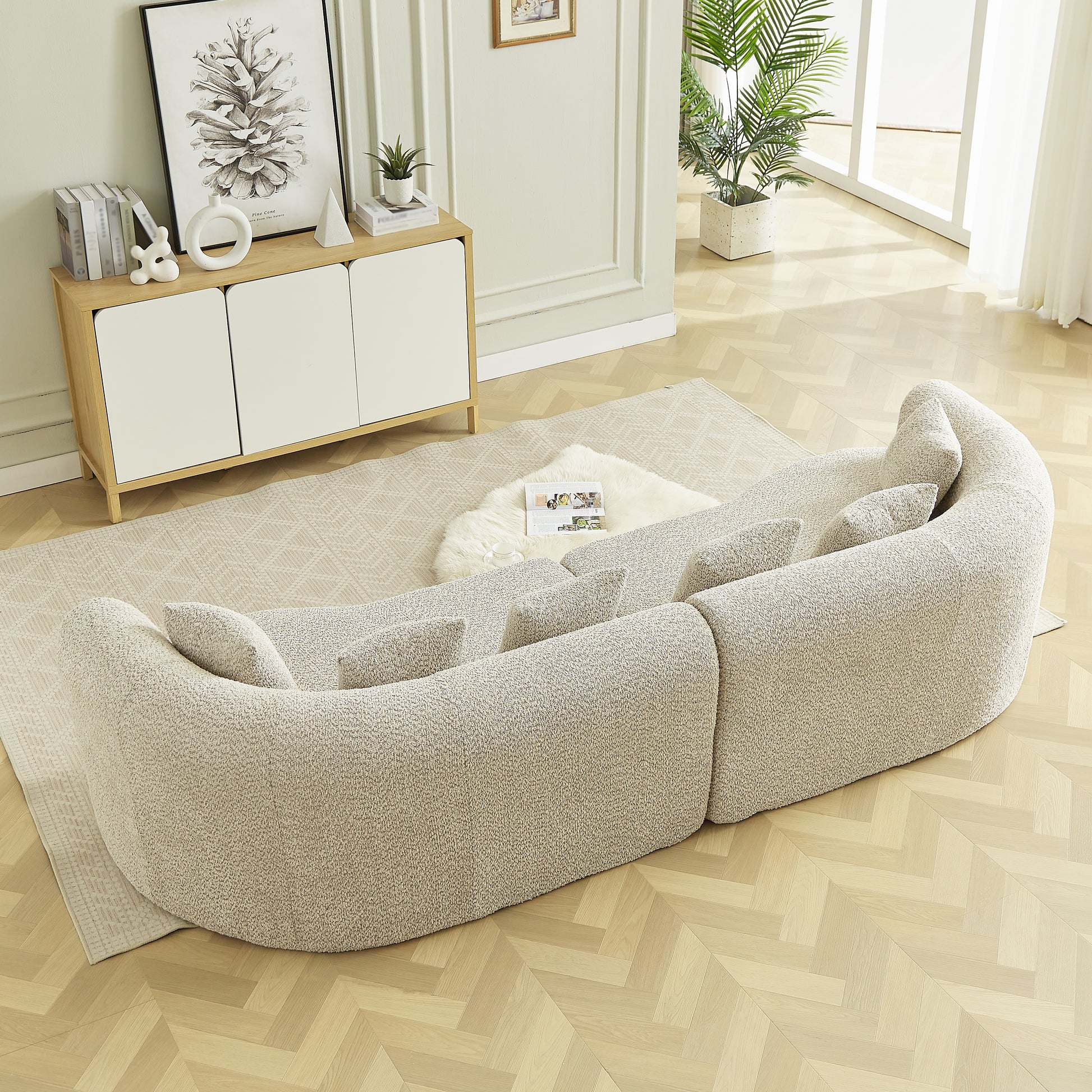 Curved Sectional Sofa, 111.5-inch Oversized Modern Bone-Free Cloud Sofa with 6 Pillows Luxury Chenille Four-Seater Memory Foam Sofa with Deep Seat Design, Light khaki W3505P355582 image 8