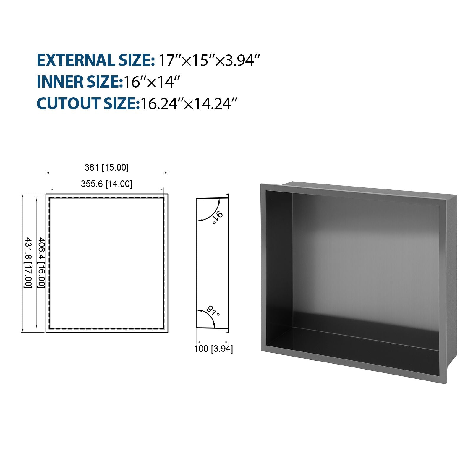 17" x 15" Stainless Steel Shower Niche, Gunmetal Black image 7
