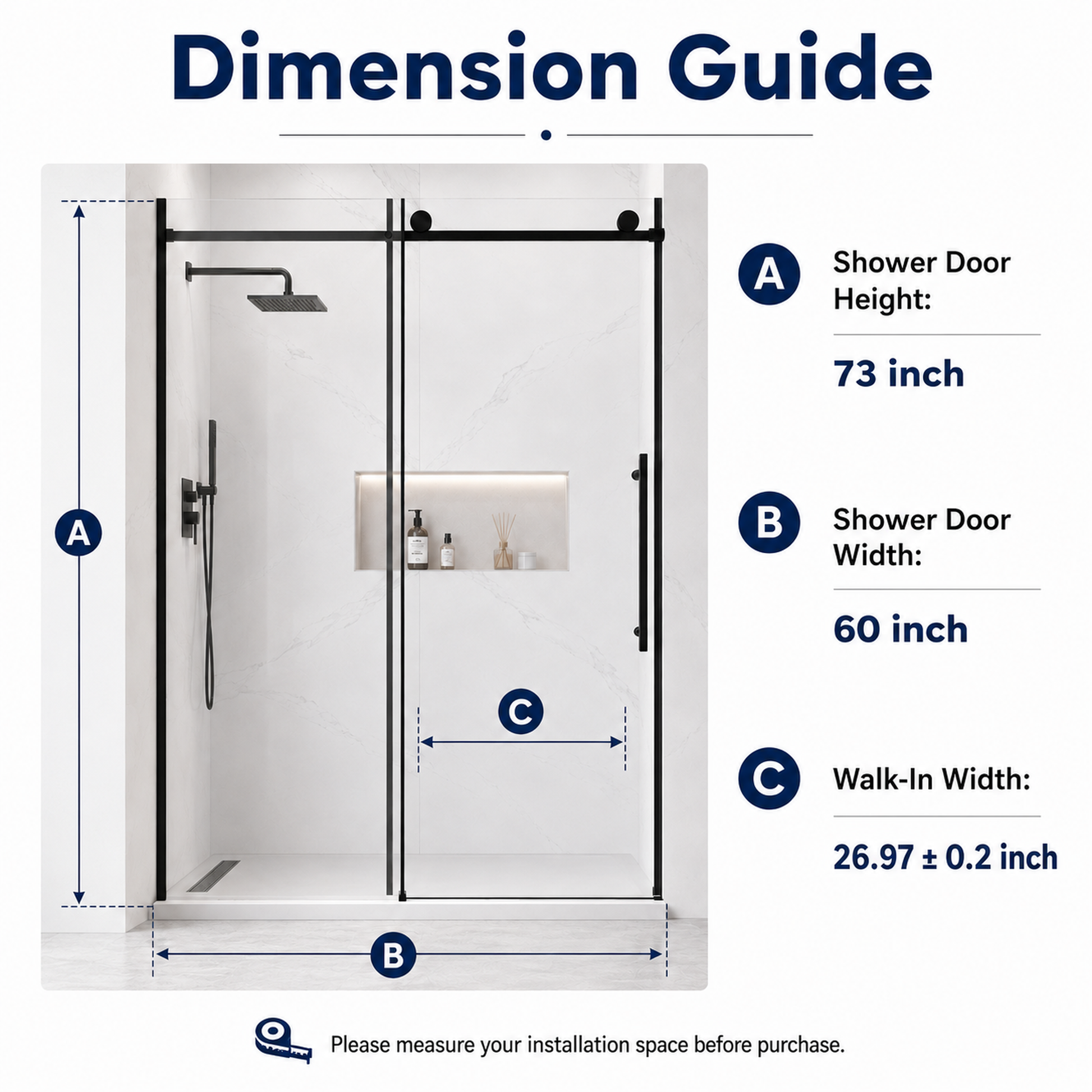 60" W x 73" H Soft Closing Sliding Frameless Black Shower Doors,8mm Easy-Clean Explosion-Proof Tempered Glass, Matt Black image 2