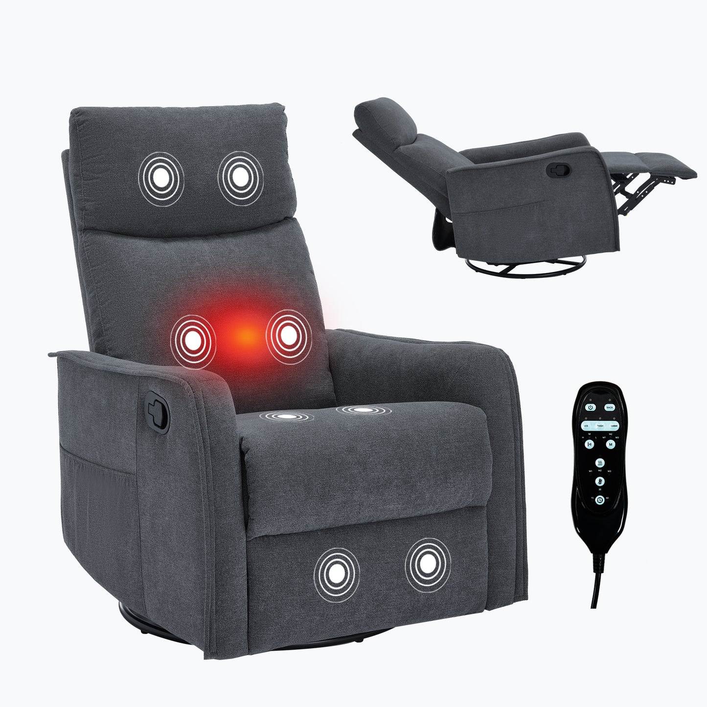 Heat Massage Manual Recliner Chair with Rocker and Swivel in Fabric for Living Room, Grey image 12
